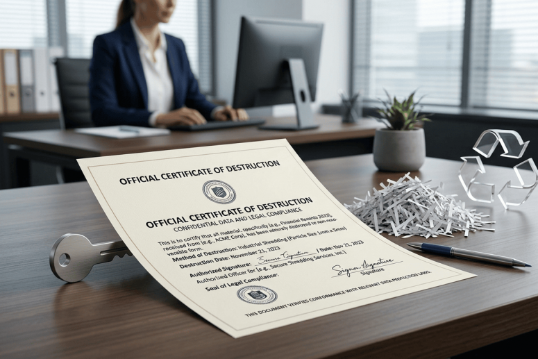 Certificado de destrucción de documentos junto a papel triturado, garantía legal ante la AEPD y el RGPD