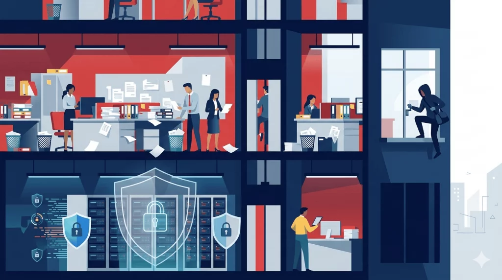 Ilustración que muestra cómo una empresa protege sus servidores digitales pero deja documentos físicos expuestos
