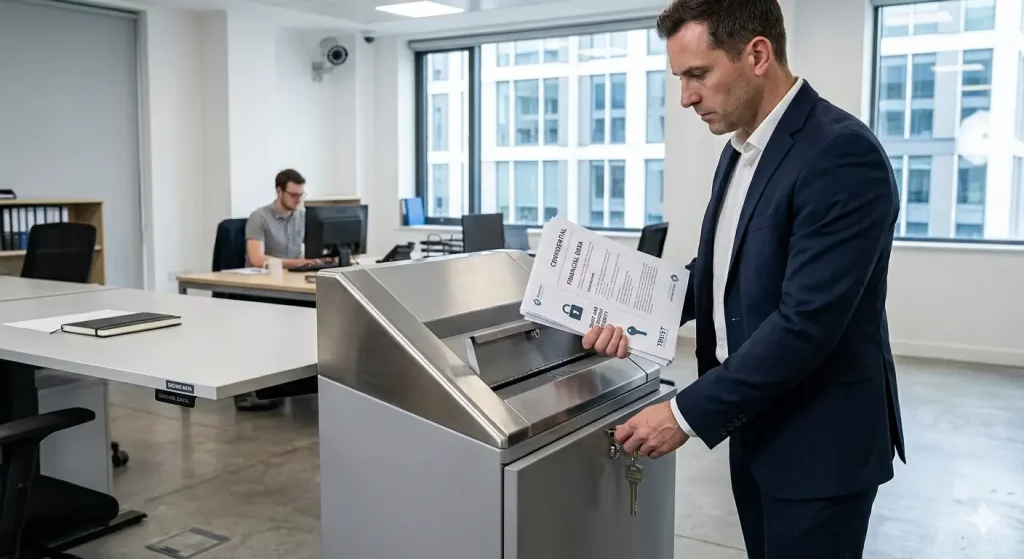 Empleado depositando documentación confidencial en contenedor de seguridad cerrado para destrucción certificada