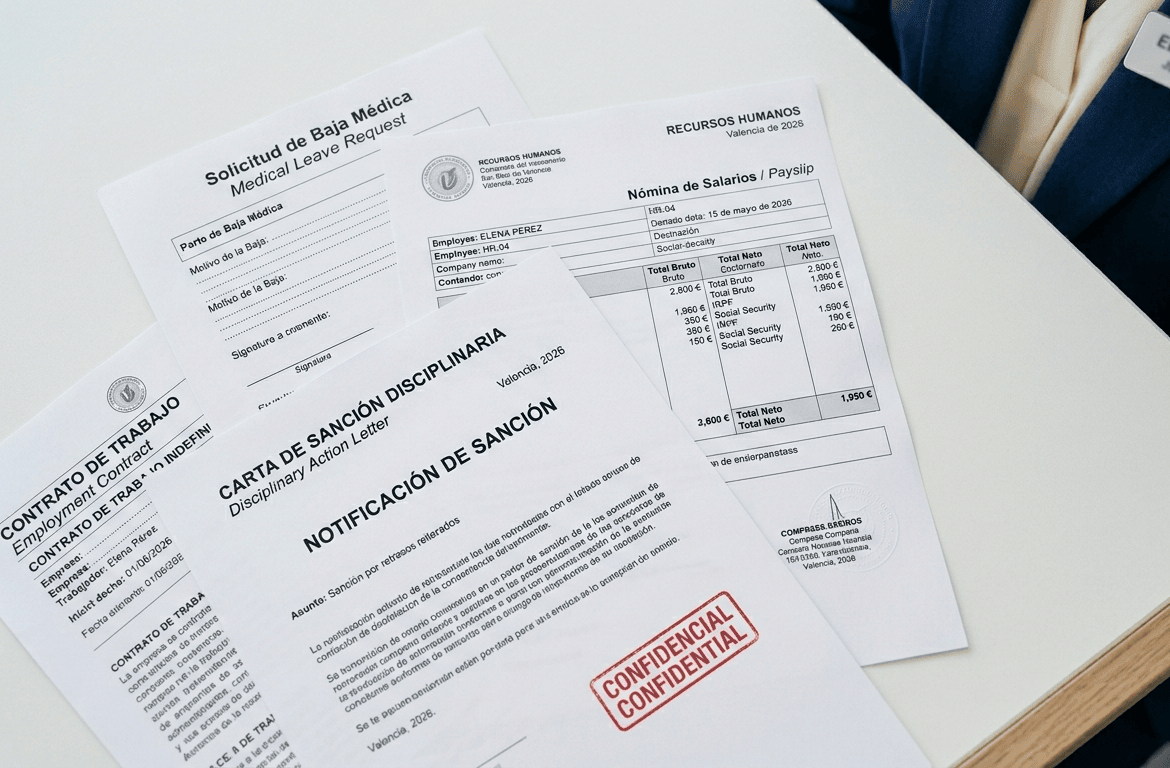 Conjunto de documentos laborales sensibles —nómina, parte de baja médica y expediente disciplinario— sobre una mesa de oficina, mostrando la información personal que debe ser destruida de forma segura