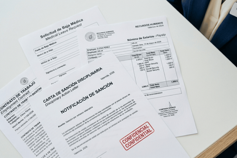 Conjunto de documentos laborales sensibles —nómina, parte de baja médica y expediente disciplinario— sobre una mesa de oficina, mostrando la información personal que debe ser destruida de forma segura