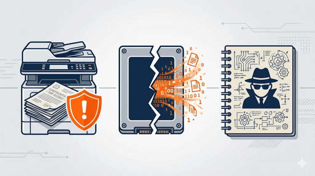 Infografía de los tres vectores de riesgo físico en ciberseguridad: impresoras en red, discos duros obsoletos y borradores en papel