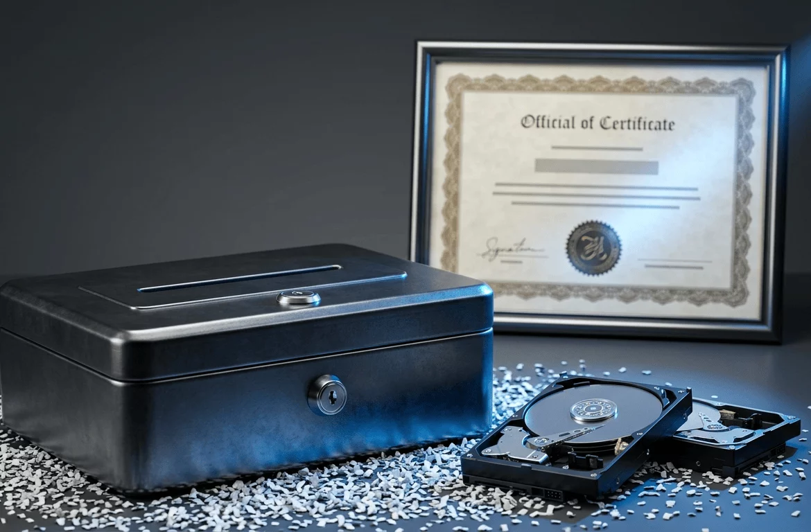 Contenedor de seguridad de Elimina junto a discos duros destruidos físicamente y certificado oficial de destrucción confidencial