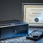 Contenedor de seguridad de Elimina junto a discos duros destruidos físicamente y certificado oficial de destrucción confidencial