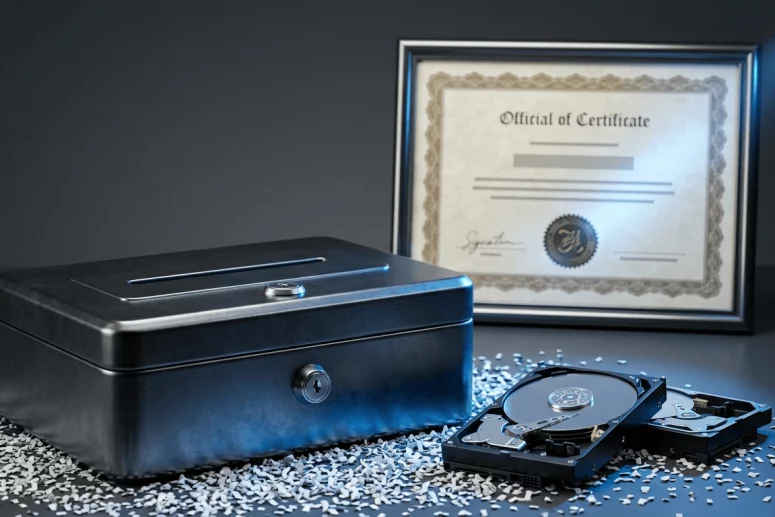 Contenedor de seguridad de Elimina junto a discos duros destruidos físicamente y certificado oficial de destrucción confidencial