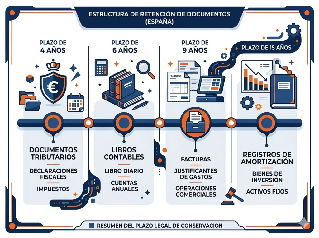 Infografía con los plazos legales de conservación de facturas y documentos contables para empresas en Mallorca y Palma