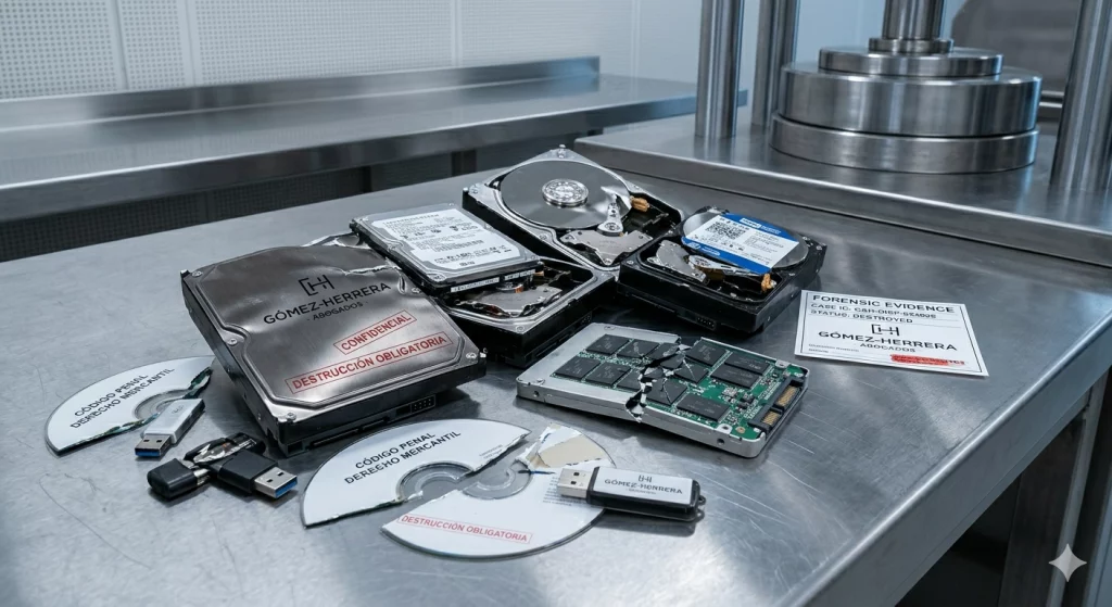 Discos duros HDD SSD y pendrives destruidos mecánicamente en planta industrial para proteger pruebas digitales de bufetes de abogados