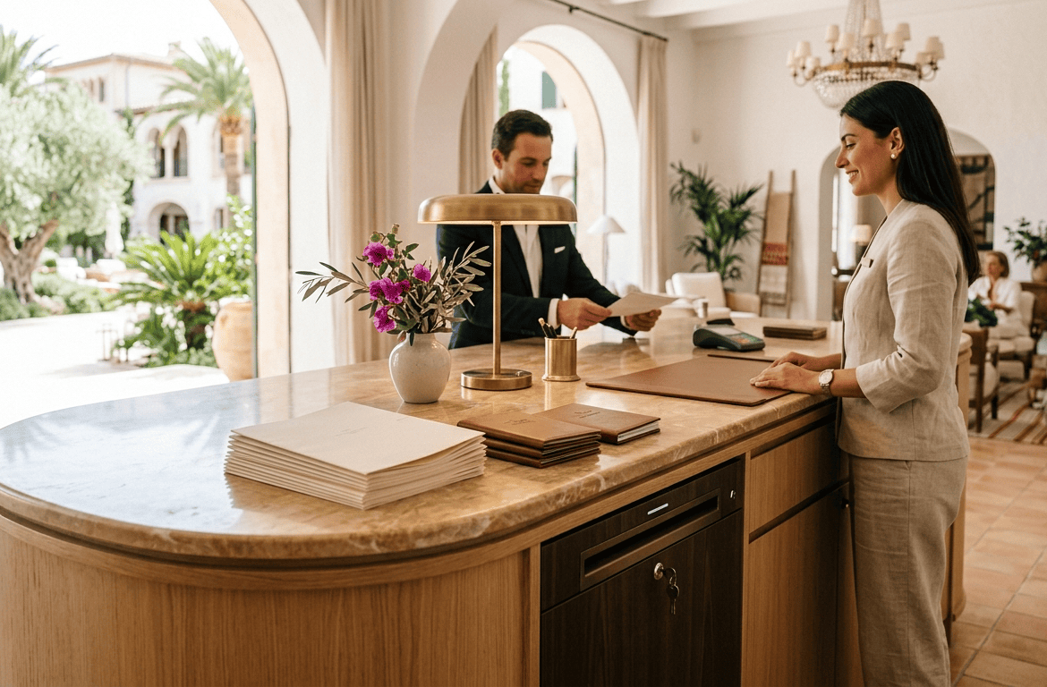 Mostrador de recepción de un hotel de Mallorca con documentos confidenciales junto a un contenedor de seguridad para destrucción certificada.