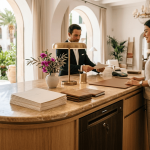 Mostrador de recepción de un hotel de Mallorca con documentos confidenciales junto a un contenedor de seguridad para destrucción certificada.