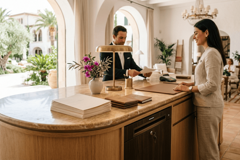 Mostrador de recepción de un hotel de Mallorca con documentos confidenciales junto a un contenedor de seguridad para destrucción certificada.