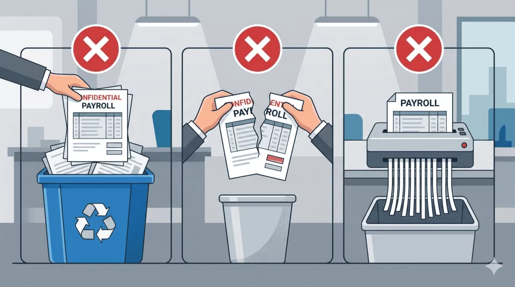 Comparativa visual entre métodos incorrectos de destrucción de documentos: papelera de reciclaje, rasgado a mano y trituradora de tiras