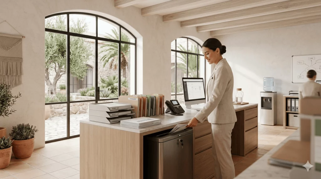 Personal de hotel depositando documentación confidencial en un contenedor de seguridad en el back-office de un establecimiento hotelero.