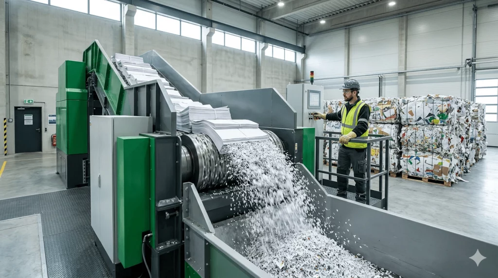 Planta de trituración industrial certificada destruyendo documentos en papel para su reciclaje dentro de la economía circular.