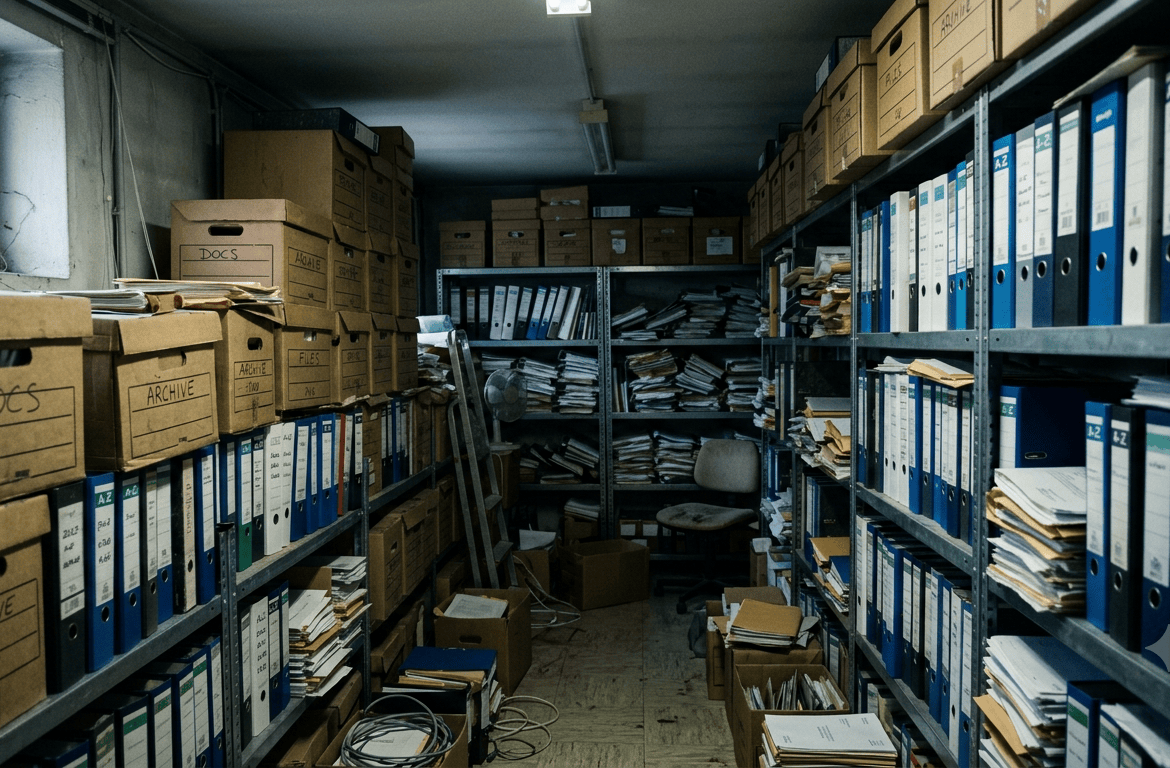 Cajas y carpetas de archivo contable obsoleto acumuladas en una oficina, listas para su destrucción certificada