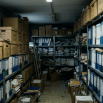 Cajas y carpetas de archivo contable obsoleto acumuladas en una oficina, listas para su destrucción certificada