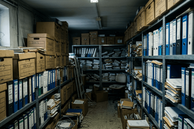 Cajas y carpetas de archivo contable obsoleto acumuladas en una oficina, listas para su destrucción certificada