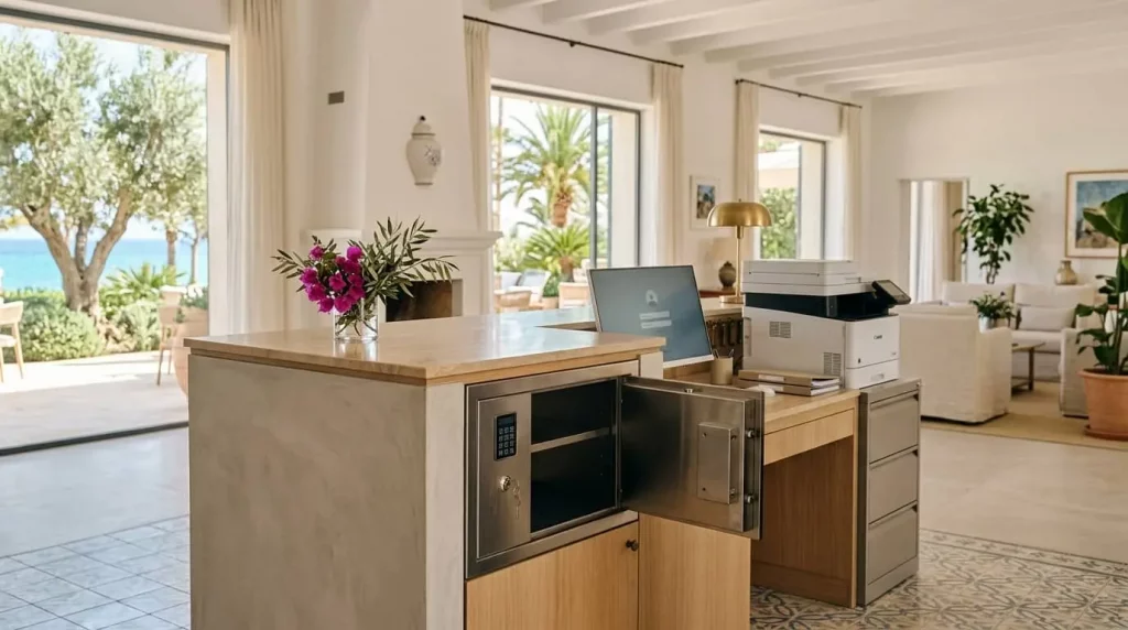 Consola de seguridad con cerradura para destrucción confidencial de documentos en back-office de hotel