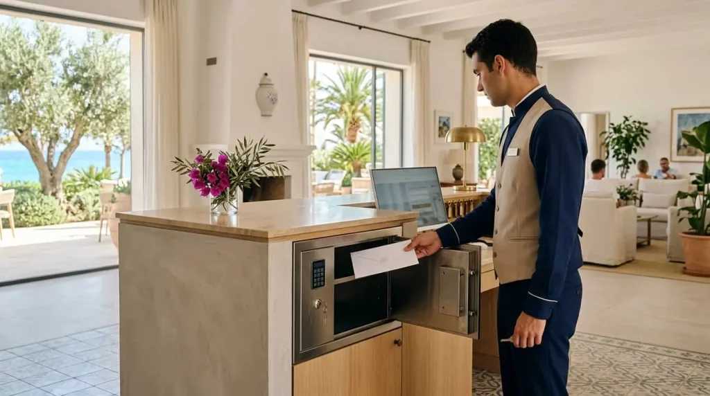 Recepción de hotel en Mallorca depositando documentos confidenciales en consola de seguridad para su destrucción RGPD