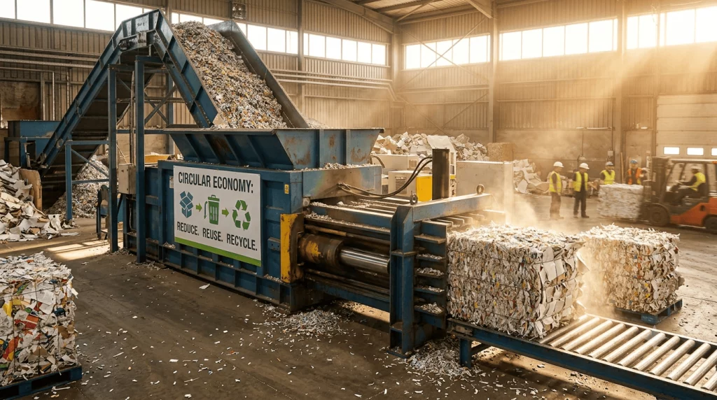 Proceso de reciclaje de papel triturado dentro de la economía circular de Elimina