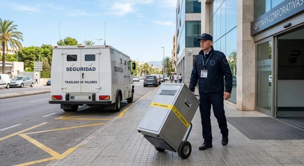 Operario de Elimina S.L. trasladando expedientes legales para trituración industrial P-4 certificada en Mallorca