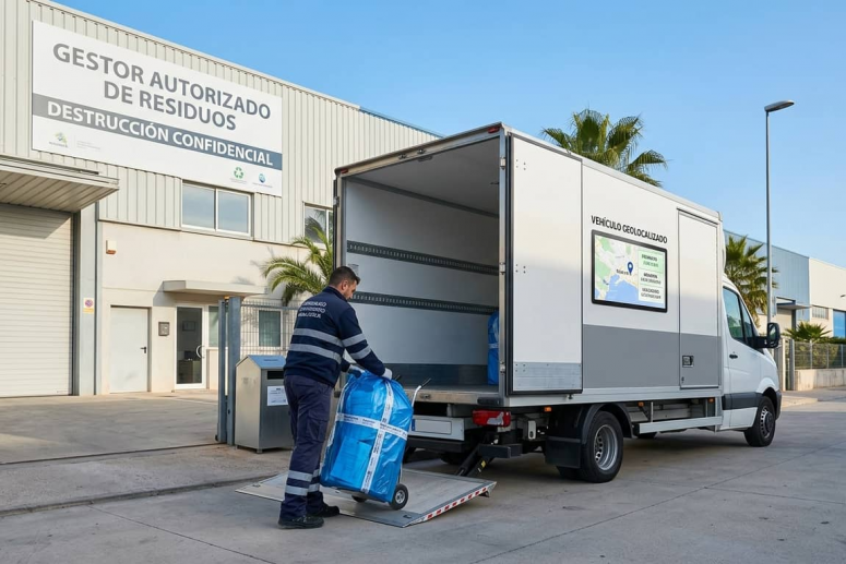 Operario de Elimina S.L. trasladando bolsas precintadas para trituración industrial P-3 en Mallorca