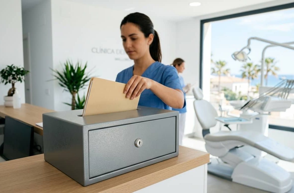 Recepcionista de clínica dental en Mallorca introduciendo un historial clínico en un contenedor de seguridad para su destrucción confidencial