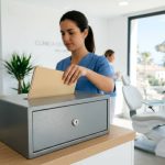 Recepcionista de clínica dental en Mallorca introduciendo un historial clínico en un contenedor de seguridad para su destrucción confidencial