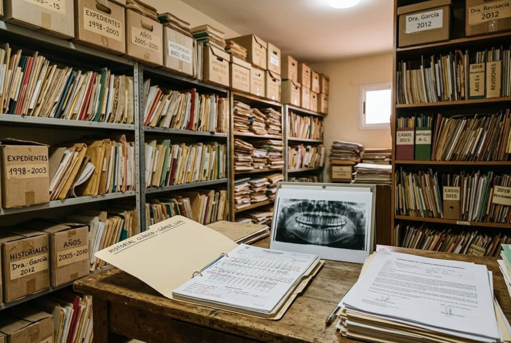 Archivo de clínica dental con cajas de historiales clínicos, odontograma y radiografía pendientes de expurgo según la Ley 41/2002