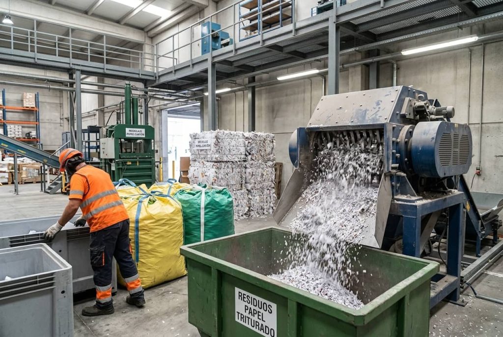 Molino industrial triturando documentación de clínicas dentales a nivel P-4 DIN 66399 y papel prensado para reciclaje en Palma