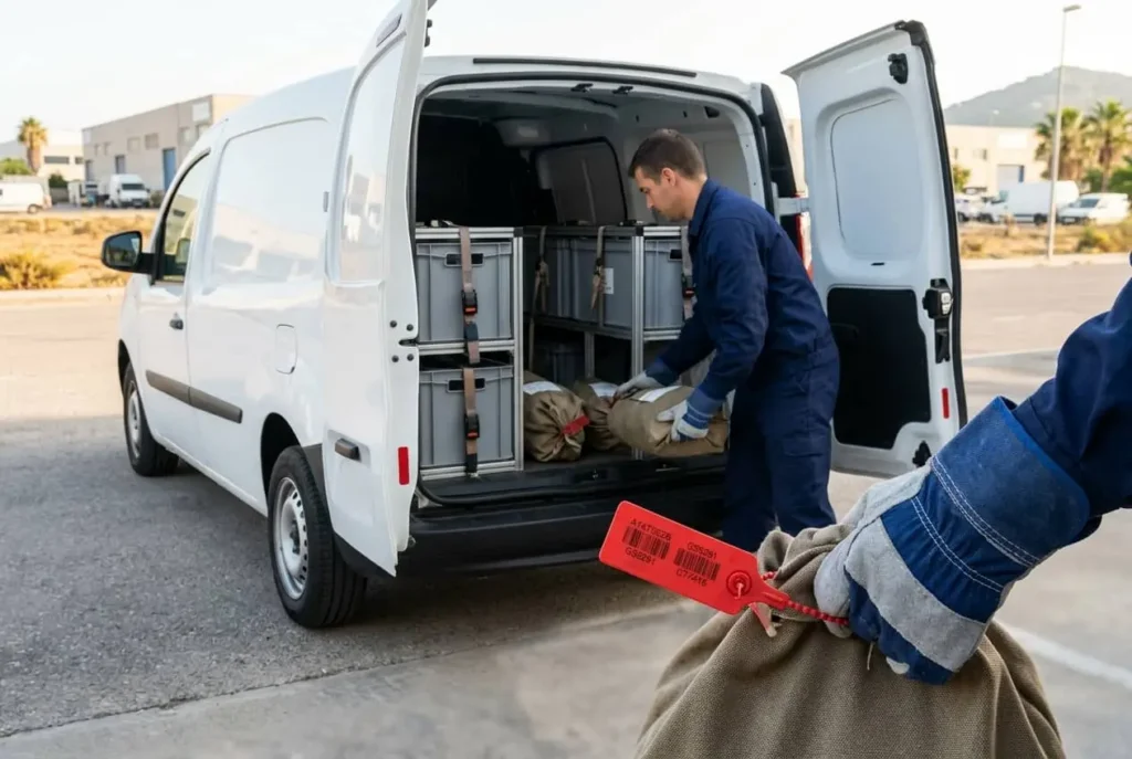 Sacas con precintos de seguridad numerados cargadas en un vehículo cerrado para el traslado seguro de documentos confidenciales en Mallorca