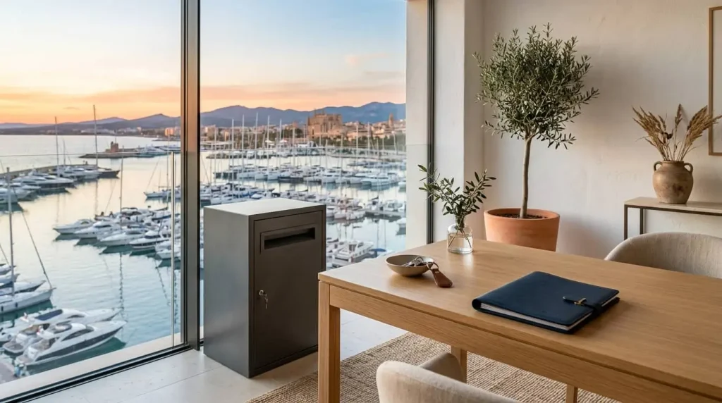 Consola de seguridad para la destrucción de documentos en una agencia inmobiliaria de lujo en Mallorca con vistas al mar