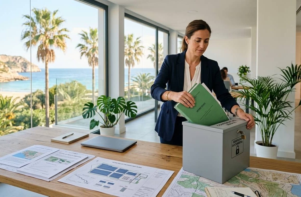 Consultora ambiental en Mallorca depositando informes confidenciales en un contenedor de seguridad para su destrucción certificada
