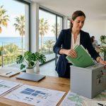 Consultora ambiental en Mallorca depositando informes confidenciales en un contenedor de seguridad para su destrucción certificada