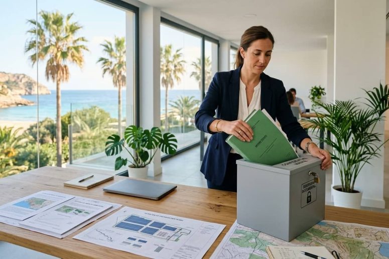 Consultora ambiental en Mallorca depositando informes confidenciales en un contenedor de seguridad para su destrucción certificada
