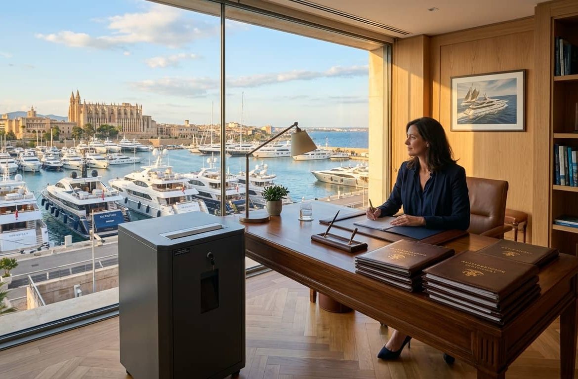 Consola de seguridad para destrucción de documentos en una gestoría marítima con vistas a una marina de Mallorca