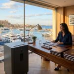 Consola de seguridad para destrucción de documentos en una gestoría marítima con vistas a una marina de Mallorca