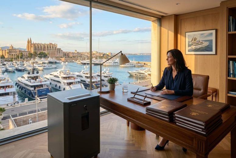 Consola de seguridad para destrucción de documentos en una gestoría marítima con vistas a una marina de Mallorca
