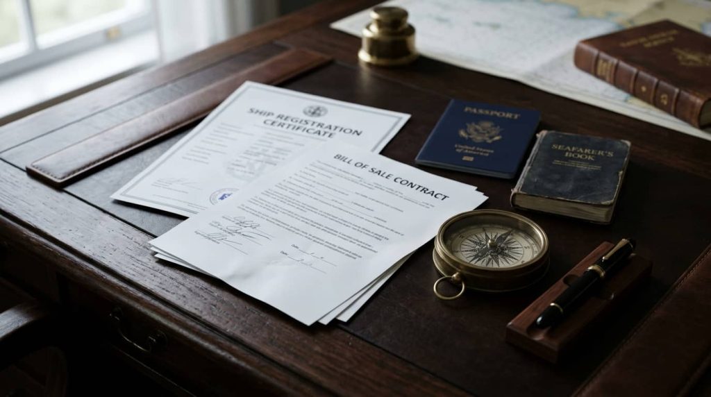 Expedientes náuticos confidenciales con contrato de compraventa de yate, libreta marítima y pasaporte de armador