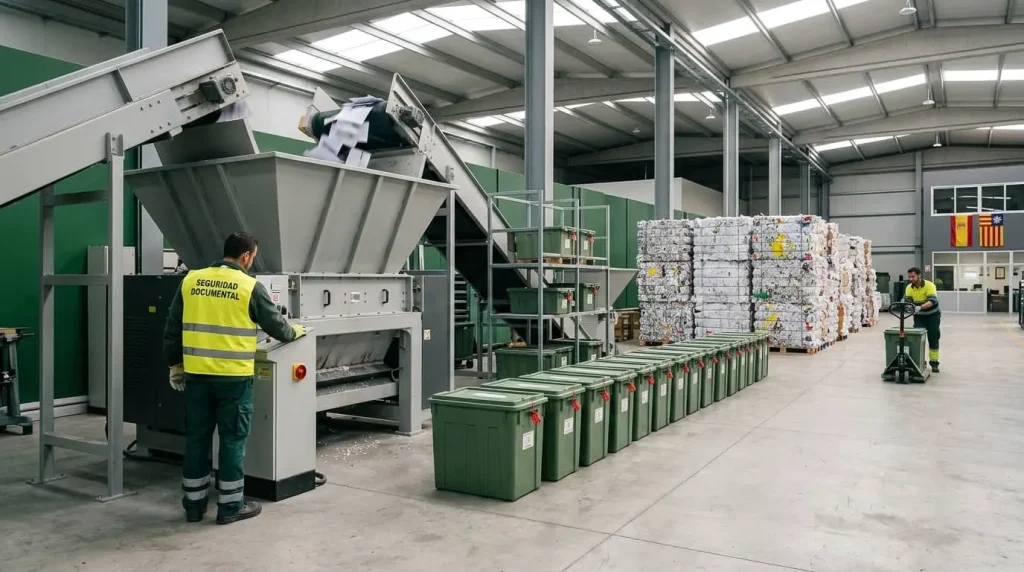 Trituradora industrial y balas de papel prensado para reciclaje en la planta de destrucción confidencial de Elimina® S.L. en Palma de Mallorca