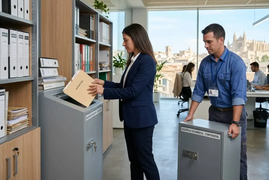 Operario identificado de Elimina® S.L. recogiendo una consola de seguridad con documentos confidenciales en una oficina de Palma de Mallorca
