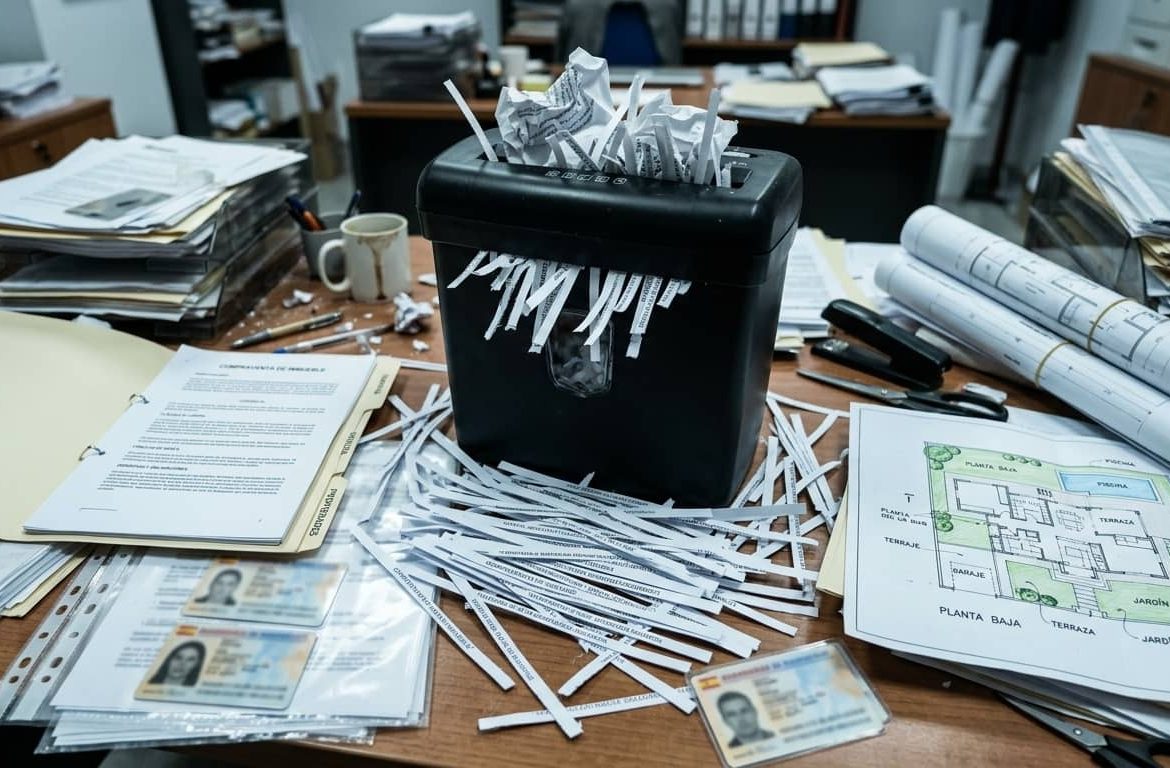 Trituradora doméstica atascada con tiras de papel reconstruibles y contratos inmobiliarios sobre un escritorio