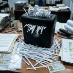 Trituradora doméstica atascada con tiras de papel reconstruibles y contratos inmobiliarios sobre un escritorio