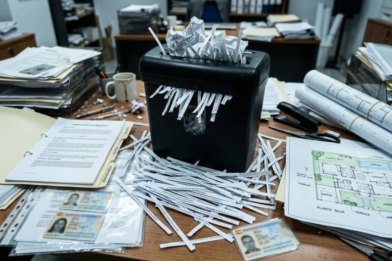 Trituradora doméstica atascada con tiras de papel reconstruibles y contratos inmobiliarios sobre un escritorio