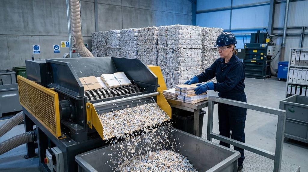 Trituración industrial de expedientes náuticos según la norma DIN 66399 y prensado del papel para su reciclaje