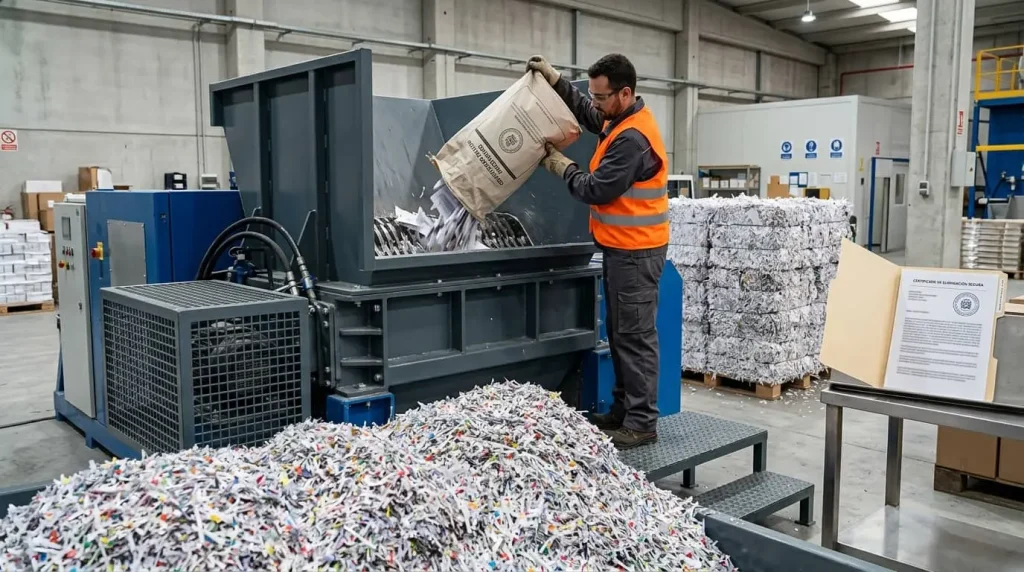 Operario introduciendo una saca precintada de documentos inmobiliarios en una trituradora industrial de corte cruzado en Mallorca