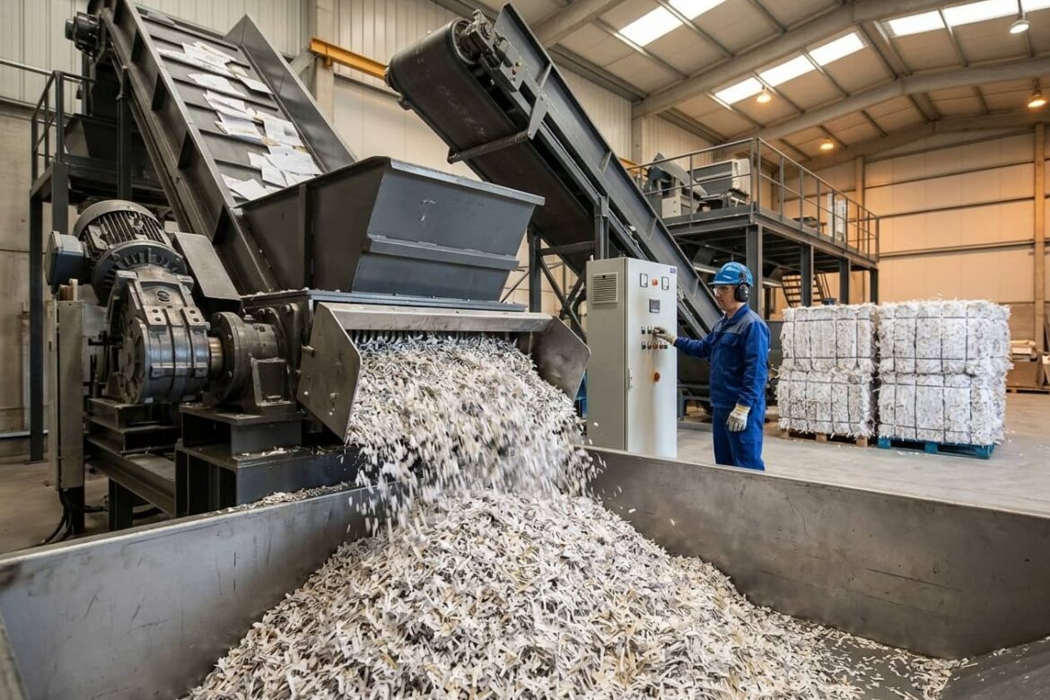 Molino industrial triturando documentos confidenciales y balas de papel para reciclaje en la planta de Elimina® S.L. en el Polígono Can Valero de Palma