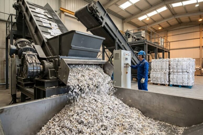 Molino industrial triturando documentos confidenciales y balas de papel para reciclaje en la planta de Elimina® S.L. en el Polígono Can Valero de Palma
