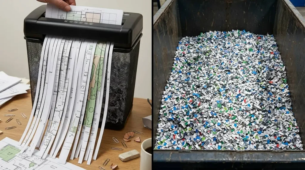 Comparativa entre las tiras de una trituradora de oficina y el papel triturado en partículas por un servicio de destrucción certificada